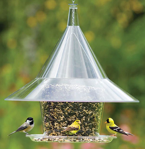 plastic bird feeder with large dome on top