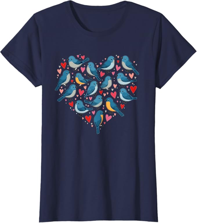 Cute bluebird t-shirt featuring cartoonish bluebirds and floating hearts. 