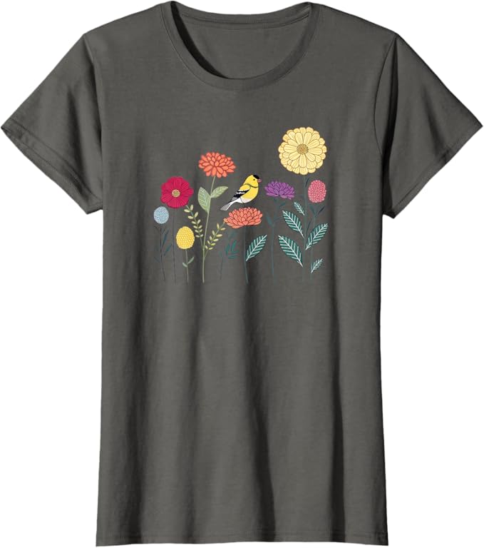 Cute Goldfinch in Colorful Zinnia Flower Garden T-Shirt